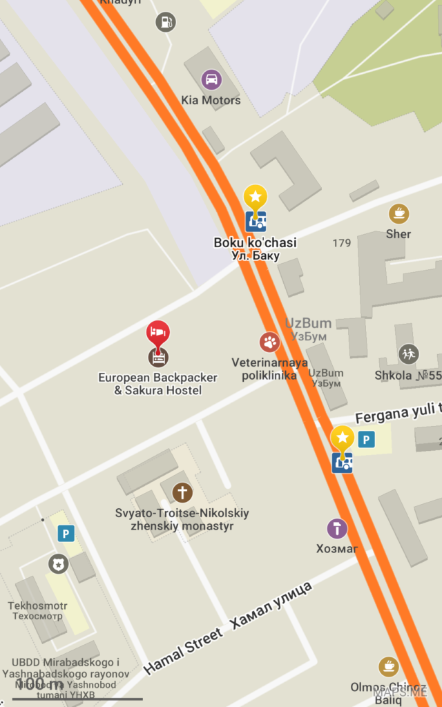 Tashkent Backpacker's Hostel付近のバス停の地図